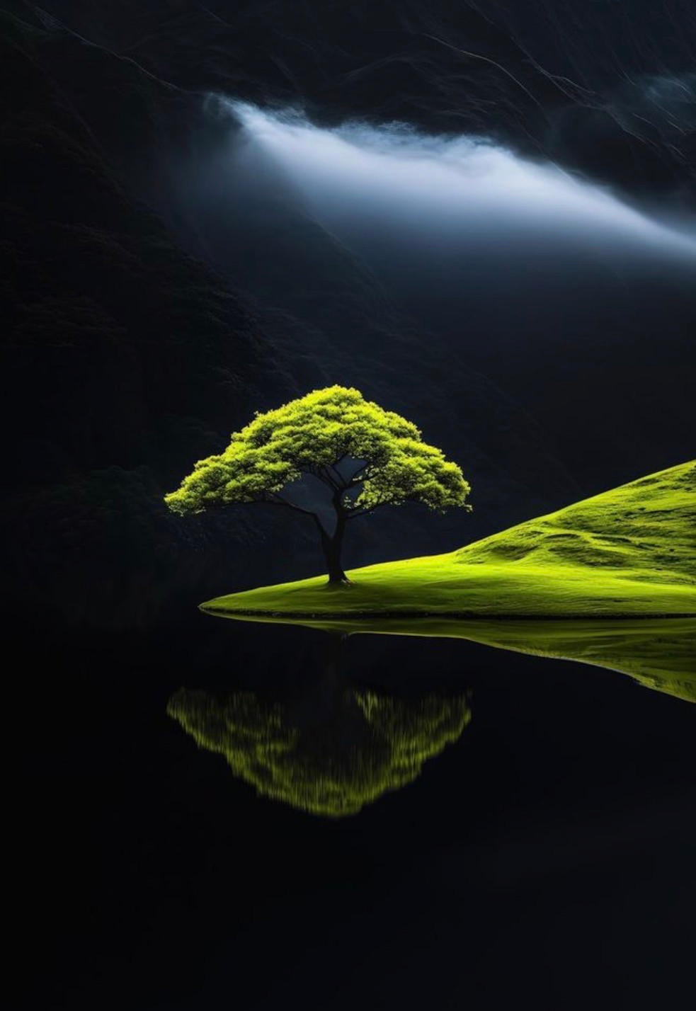 A bright green tree on a hill reflected in still water beneath a dark mountain sky.